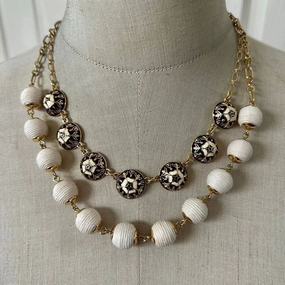 Talbots Double Strand Necklace with Enamel Medallions & Wrapped Beads